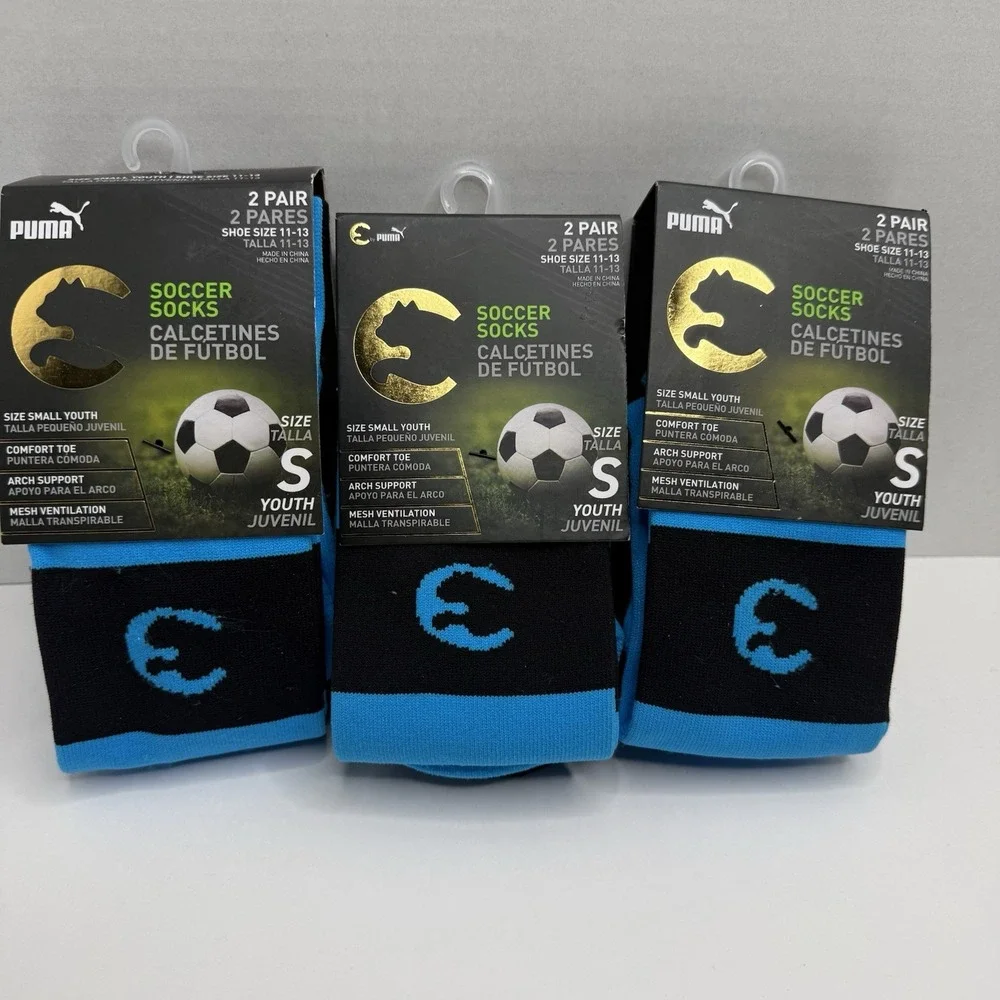 Puma Youth Soccer Socks 6 Pairs Blue Black Size S Small Shoe 11-13 Crew Bundle